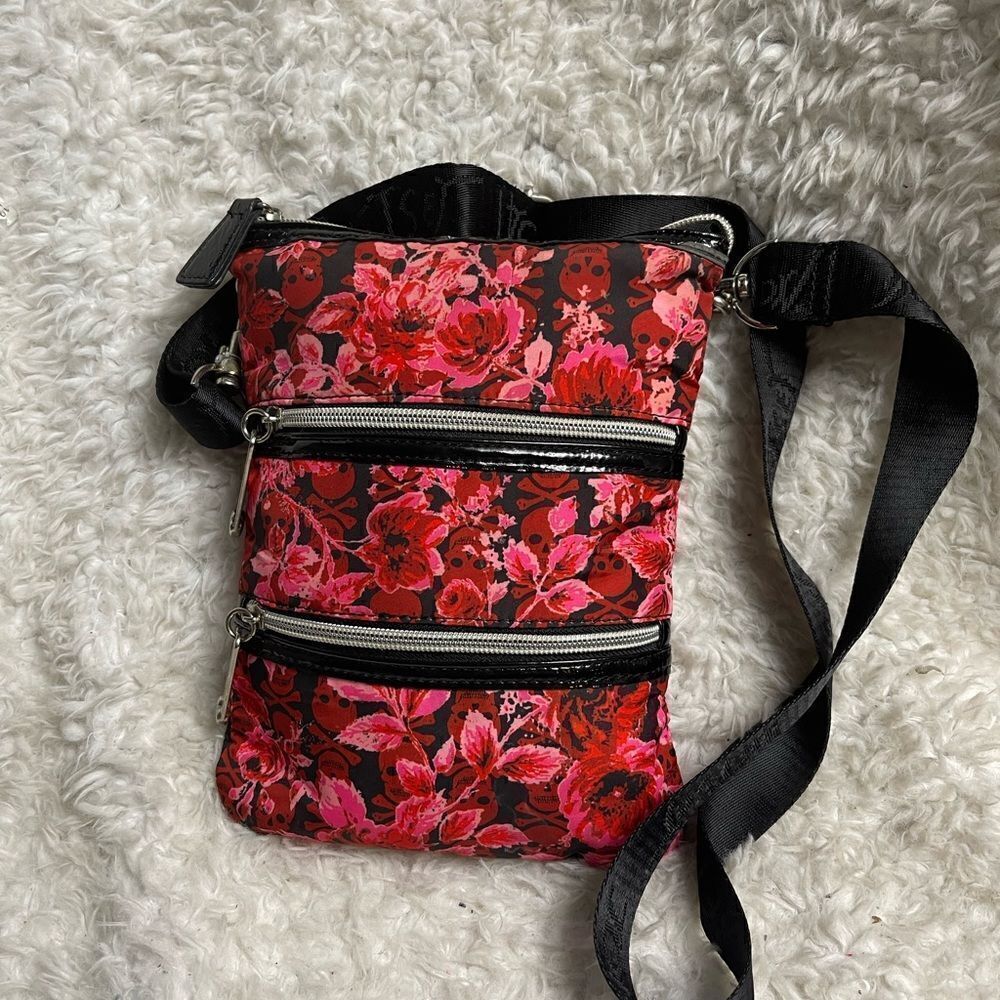 Betsey Johnson Nylon pink ,Red Flowers & skulls Small crossbody bag black trims